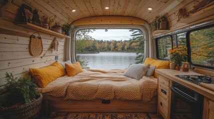 The charming interior of a van showcases a cozy sleeping area with yellow cushions. Outside, a peaceful lake reflects autumn colors, creating a serene atmosphere.