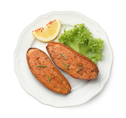 Tasty baked sweet potato with lemon, lettuce and rosemary isolated on white, top view