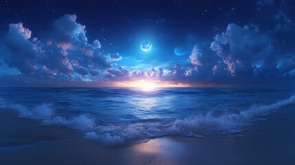 Fototapeta premium Tranquil ocean scene with a full moon and starry sky at night.
