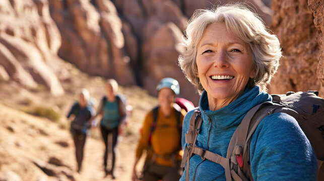 Elderly woman pauses to savor the breathtaking desert mountain scenery during a hike with friends