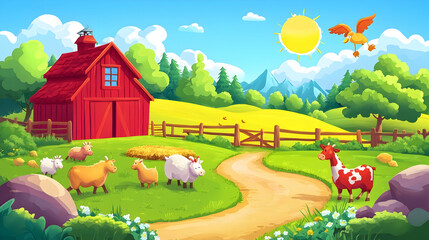 Fototapeta premium A red barn with a fence in front of it, green grass and a dirt road leading to the barn with cows and sheep grazing in the field.