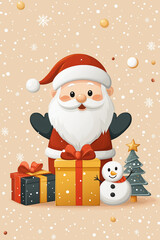 illustration père noël mignon,enfantin, cadeaux, rennes, barbe, rouge, blanc, costume, tradition, neige, hiver