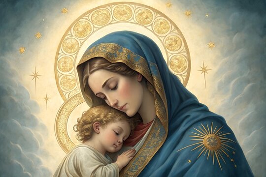 A reverent depiction of Madonna and Child, adorned with intricate golden halos and a rich blue robe, symbolizing sacred love and divinity.