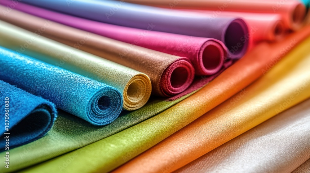 Poster a vibrant array of rolled fabrics showcasing various colors and textures for design purposes.