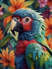 Obraz premium Parrot with red and blue plumage amid colorful flowers and foliage