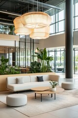 Modern reception and waiting area with large ceiling light and lush plants for a welcoming atmosphere in an office workplace