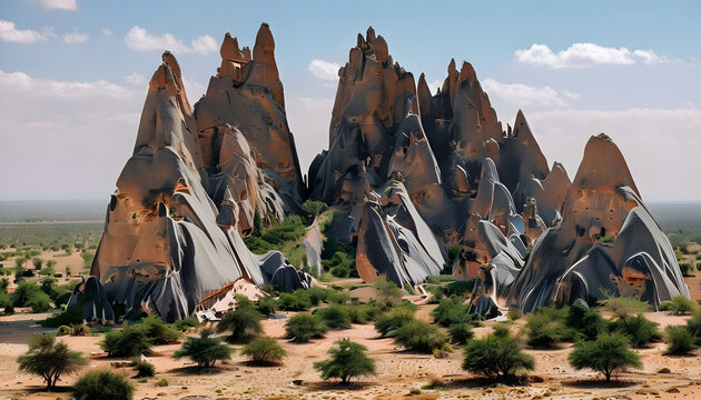 Breathtaking View of the Sindou Peaks with Jagged Rock Formations
