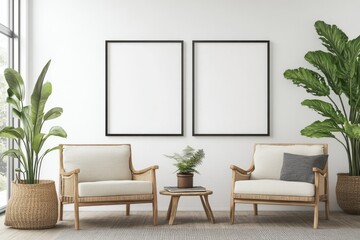 Scandinavian Style Living Room Interior with Mockup Frames and Artwork