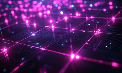 Blockchain nodes, neon glow effect, dark futuristic background, financial connections technology