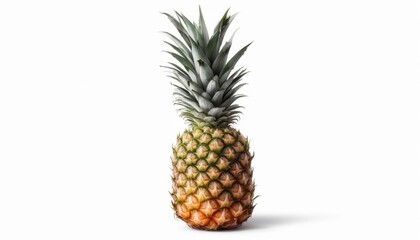 Fototapeta premium Ripe pineapple with fresh green leaves on empty white background 