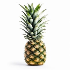 Obraz premium Ripe pineapple with fresh green leaves on empty white background 