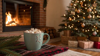 Fototapeta premium Hot cocoa with marshmallows by Christmas tree and fireplace