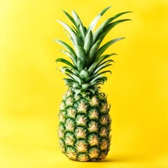 Fototapeta premium Ripe pineapple with fresh green leaves on empty white background 