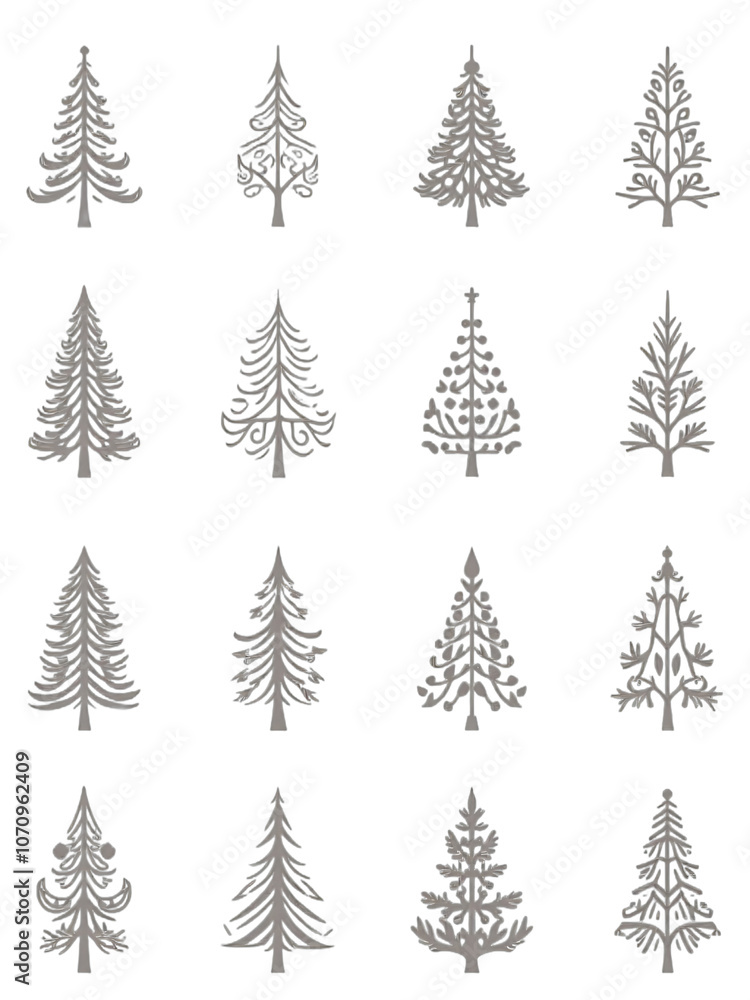 Poster large selection of intricately designed Christmas and pine tree silhouettes set against a clean white background in vector format illustrations_001pn