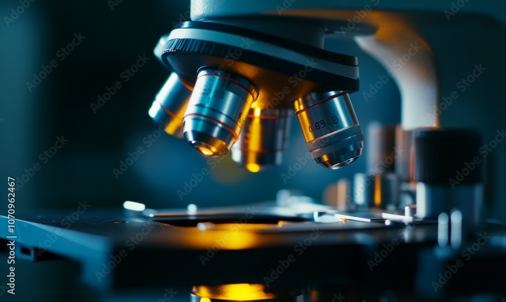 Poster close-up view of a microscope with a specimen stage illuminated in a laboratory setting during the e