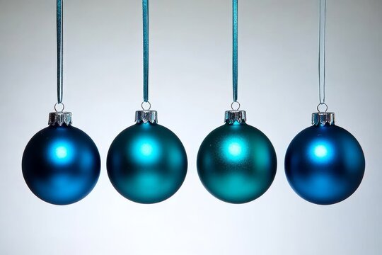  Cuatro esferas navide&ntilde;as en tonos azul y verde colgando en un fondo blanco, ideal para una decoraci&oacute;n moderna y festiva.

