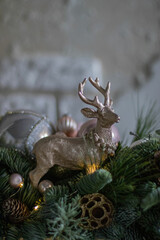 Christmas decoration with Deer figure, and accessories in festive home decor. Festive Decor, Christmas Decor, Winter Decor, Christmas Decorations.