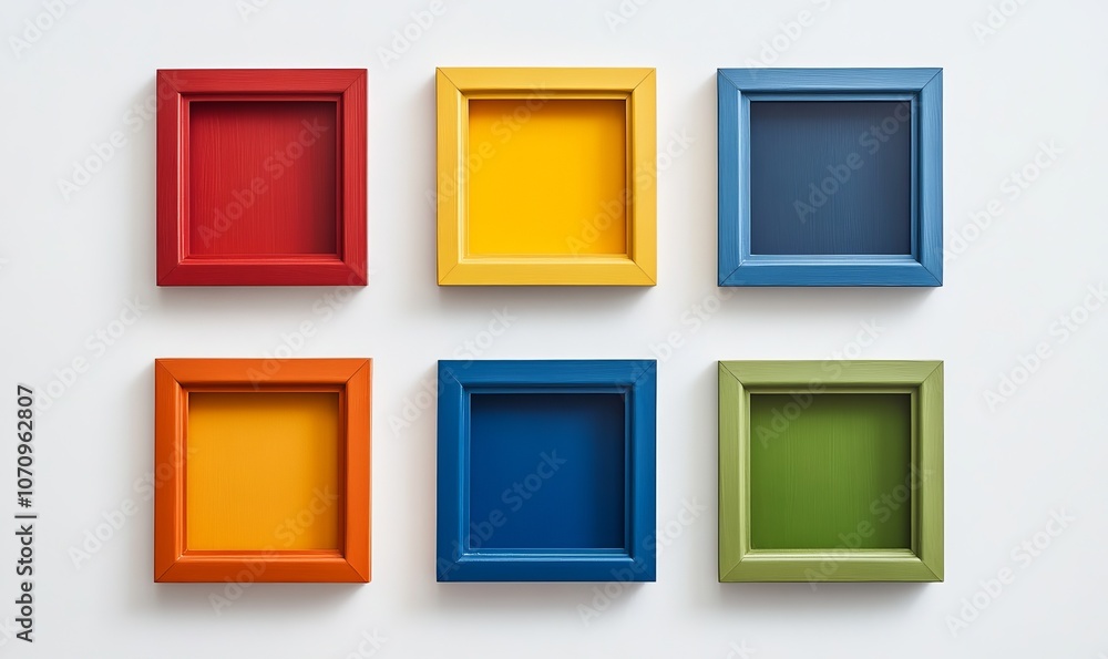 Poster empty wooden frames painted in different colours on white background with shadows. frames for pictur