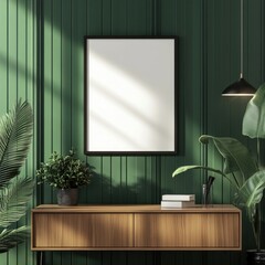 Modern Living Room Interior with Wooden Cabinet and Wall-mounted Poster