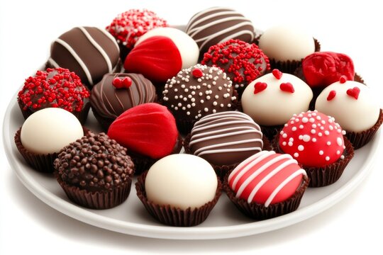  Variedad de trufas de chocolate decoradas en tonos rojos, blancos y marrones en un plato blanco, ideales para regalar en San Valent&iacute;n.

