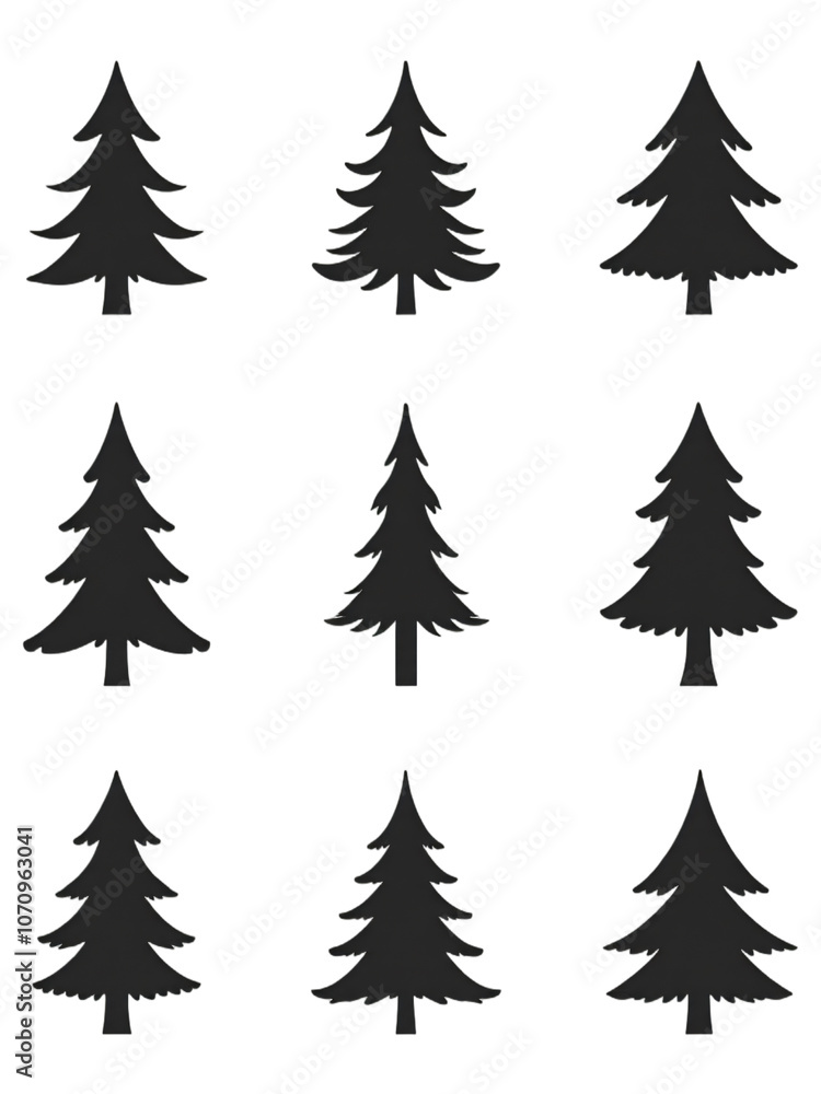 Poster Christmas tree silhouettes available as spruce pine and other tree icons sets in modern flat styles suitable for laser cutting and engraving_001pn