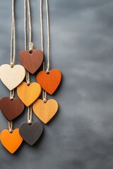  Corazones de madera en varios colores colgados sobre un fondo gris, ideales para una decoración rústica y romántica, perfecta para San Valentín.

