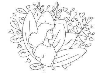 A line illustration of a woman with flowers and plants in the background. Woman and nature. Natural cosmetics and treatments outline illustration. Self-love concept. Female psychological health.