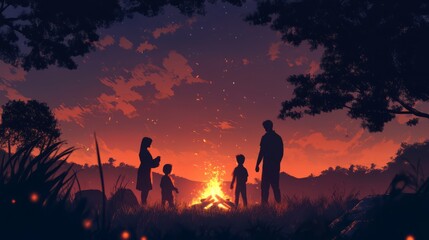 Fototapeta premium A family of four standing around a campfire in the evening.
