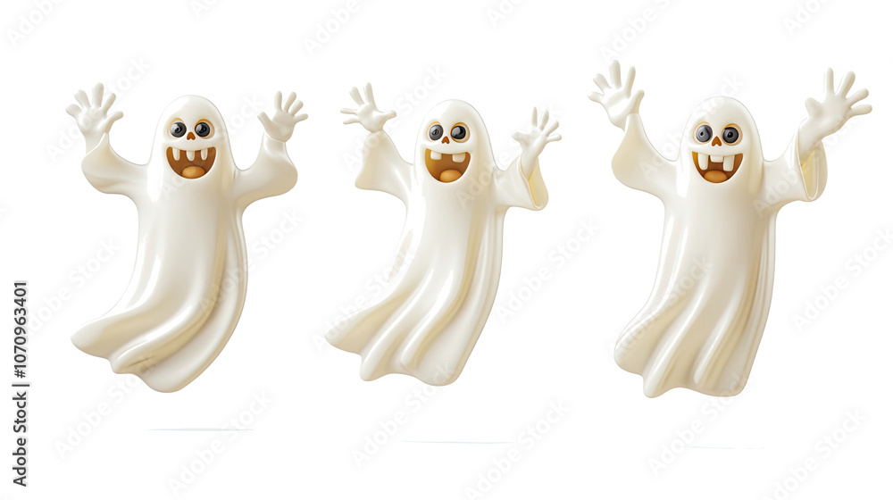 Poster cheerful ghost icons with raised arms on transparent background generative ai