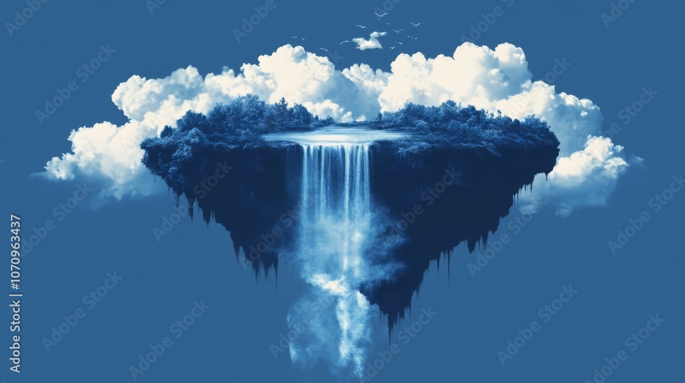 Poster a floating island with a waterfall cascading from its edge, surrounded by fluffy clouds against a bl