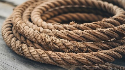 Fototapeta premium Coiled Natural Fiber Rope: A Close-Up of Twisted Texture Showcasing Rustic Charm and Durability, Perfect for Various Crafts and Outdoor Activities