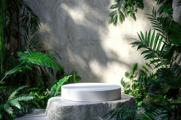 Tropical Jungle Product Presentation with White Pedestal and Green Foliage Background