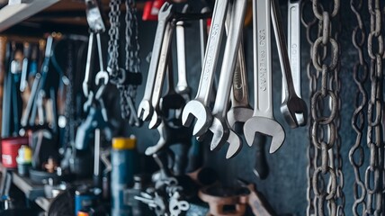Fototapeta premium Assorted Hand Tools Hanging on a Workshop Wall: A Detailed View of Wrenches and Chains, Highlighting the Essential Gear for Mechanical Work and DIY Projects