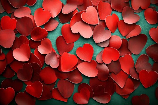  Abundancia de corazones rojos de papel dispuestos sobre un fondo verde. La composici&oacute;n colorida es ideal para transmitir amor y celebrar San Valent&iacute;n.

