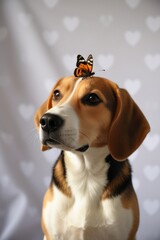 Beagle dog sitting on surface with light grey heart-patterned fabric