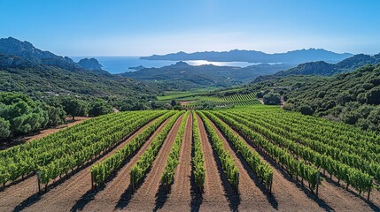 Naklejka premium Scenic Vineyard Rows on Hillside Under Bright Sunlight