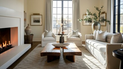 Fototapeta premium Stylish Living Room Interior: A Cozy Space Featuring Modern Furniture, Warm Lighting, and Elegant Decor, Creating an Inviting Atmosphere for Relaxation and Comfort