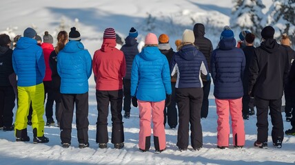 Obraz premium Group of Adventurers in Winter Clothing: A Diverse Assembly Standing Together in a Snowy Landscape, Ready for Exploration in the Great Outdoors