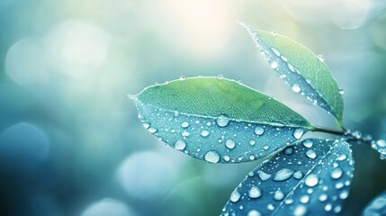 Obraz premium Close-up of green leaves with water droplets, creating a serene, refreshing atmosphere.