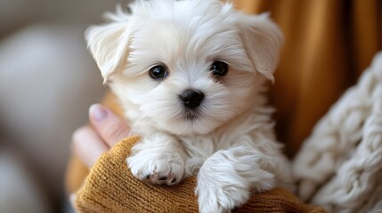 Adorable White Maltese Puppy Held in Hands