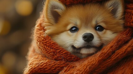 Obraz premium Adorable Dog Wrapped in Cozy Orange Scarf