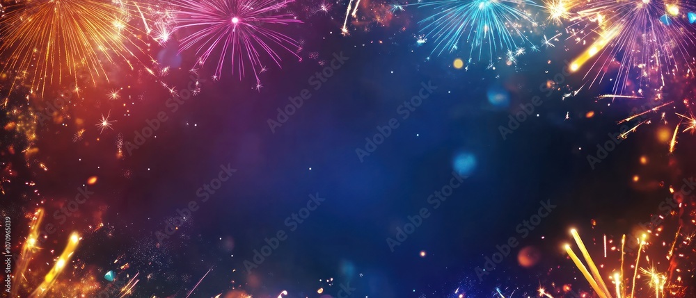 Poster a vibrant display of fireworks against a dark background, creating a festive atmosphere.