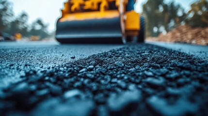 A close-up of a roller compactor working on a new asphalt road.