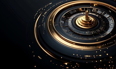 Naklejka premium Golden wheel of fortune on a dark background, luxury style black and gold. Casino concept, luck, luck, gambling, gambling establishments. Website template