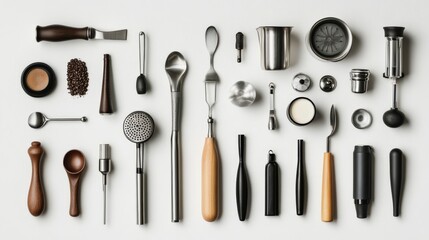 Assorted Kitchen Utensils and Tools Arranged on a White Surface in Monochrome Style