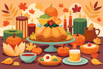 A vibrant vector illustration of a Thanksgiving dinner table setup with roasted turkey, pumpkins, fall leaves, and candles, in warm autumn colors