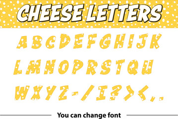 Vector cheese 2d illustration and letters with cheese effect