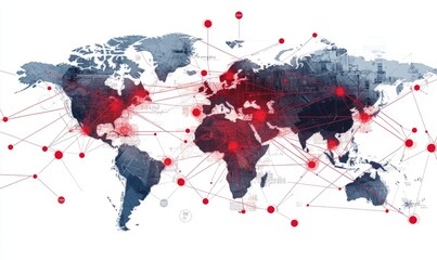 Complex web of international bank transfers with illegal transactions highlighted in red, global cyber defalcation, cross border financial crime