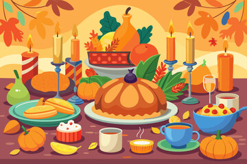 A vibrant vector illustration of a Thanksgiving dinner table setup with roasted turkey, pumpkins, fall leaves, and candles, in warm autumn colors