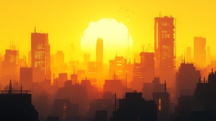 Fototapeta premium A hazy sunset over a futuristic cityscape with skyscrapers silhouetted against the orange sky.